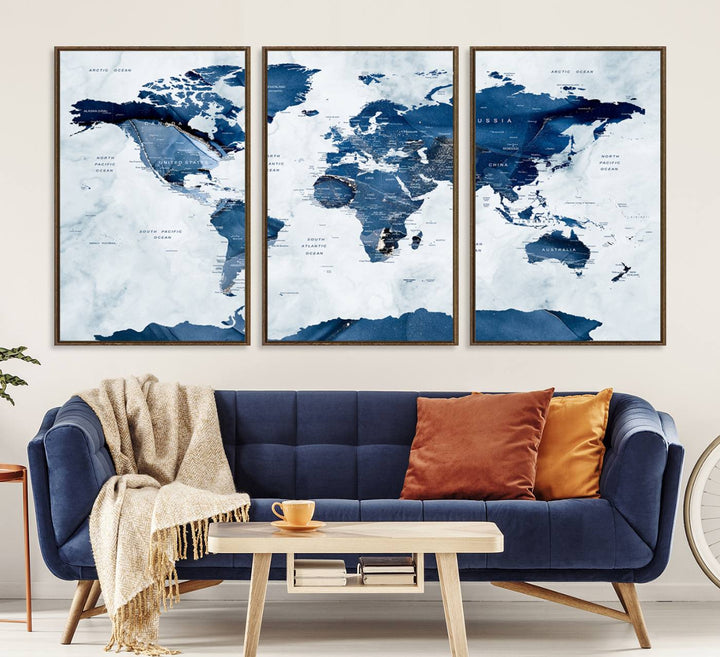 Navy Blue World Map with Antarctica Canvas: A perfect abstract home decor piece featuring a grunge-stained background.