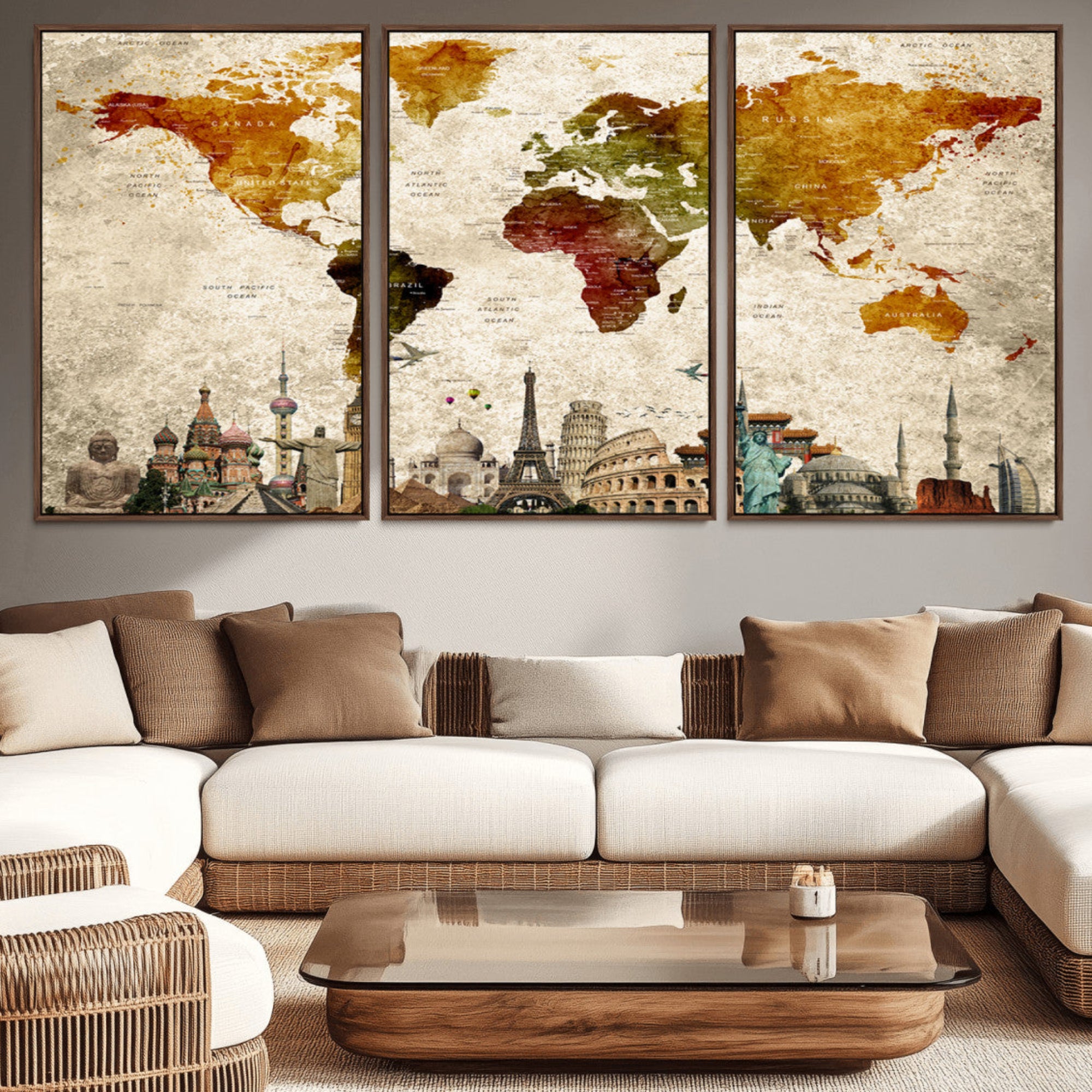 40637-MGV-CV-36X24-Push Pin World Map Canvas Print – Framed Travel Map Wall Art for Couples, Anniversary Gift, Modern Home or Office Decor