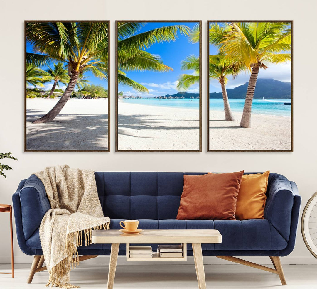 Blue Beach and Sea Wall Art Canvas Print: showcases a tropical scene with palm trees, white sand, and turquoise water.