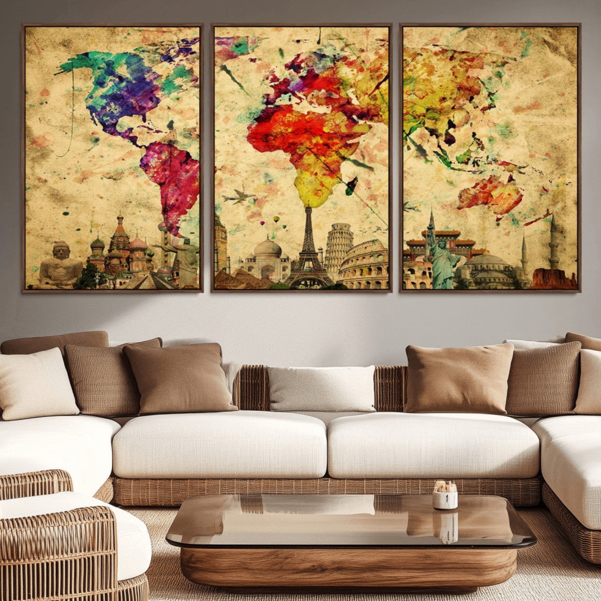 24467-MGV-CV-36X24-Colorful Watercolor World Map Canvas Wall Art – Framed Landmark Travel Map Print, Vibrant Global Artwork for Home and Office Decor