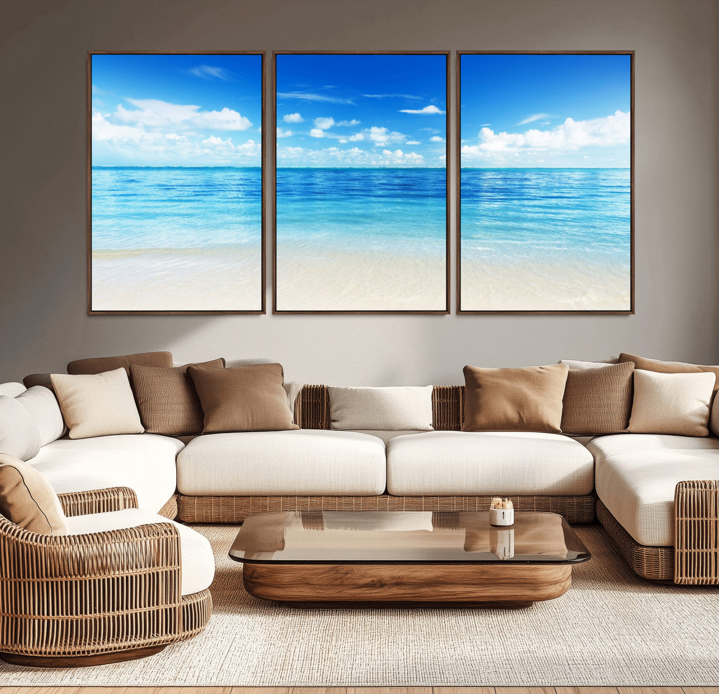 MGV-FC-60X30-3P - Beach Scene Canvas Wall Art Print – Tranquil Ocean Horizon and White Sand Beach Wall Decor for Home