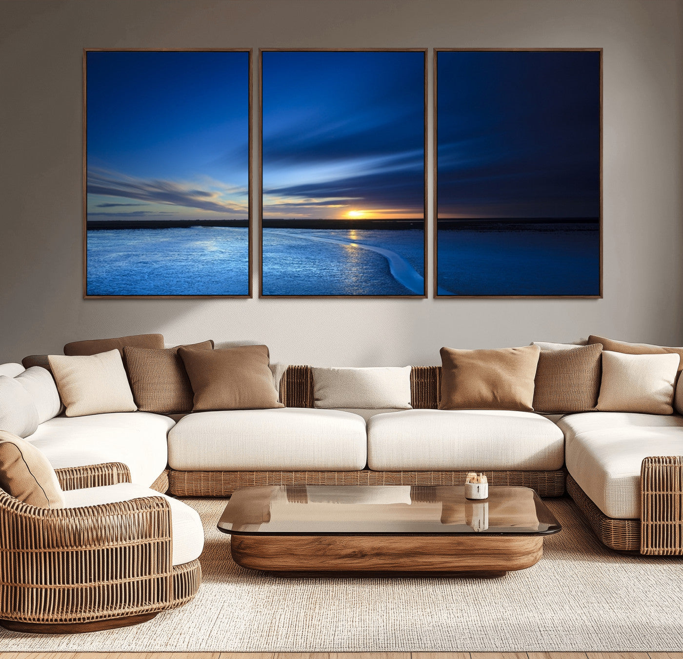 MGV-FC-60X30-3P - Blue Sunset Ocean Canvas Wall Art Print – Serene Coastal Horizon Wall Decor for Home or Office –