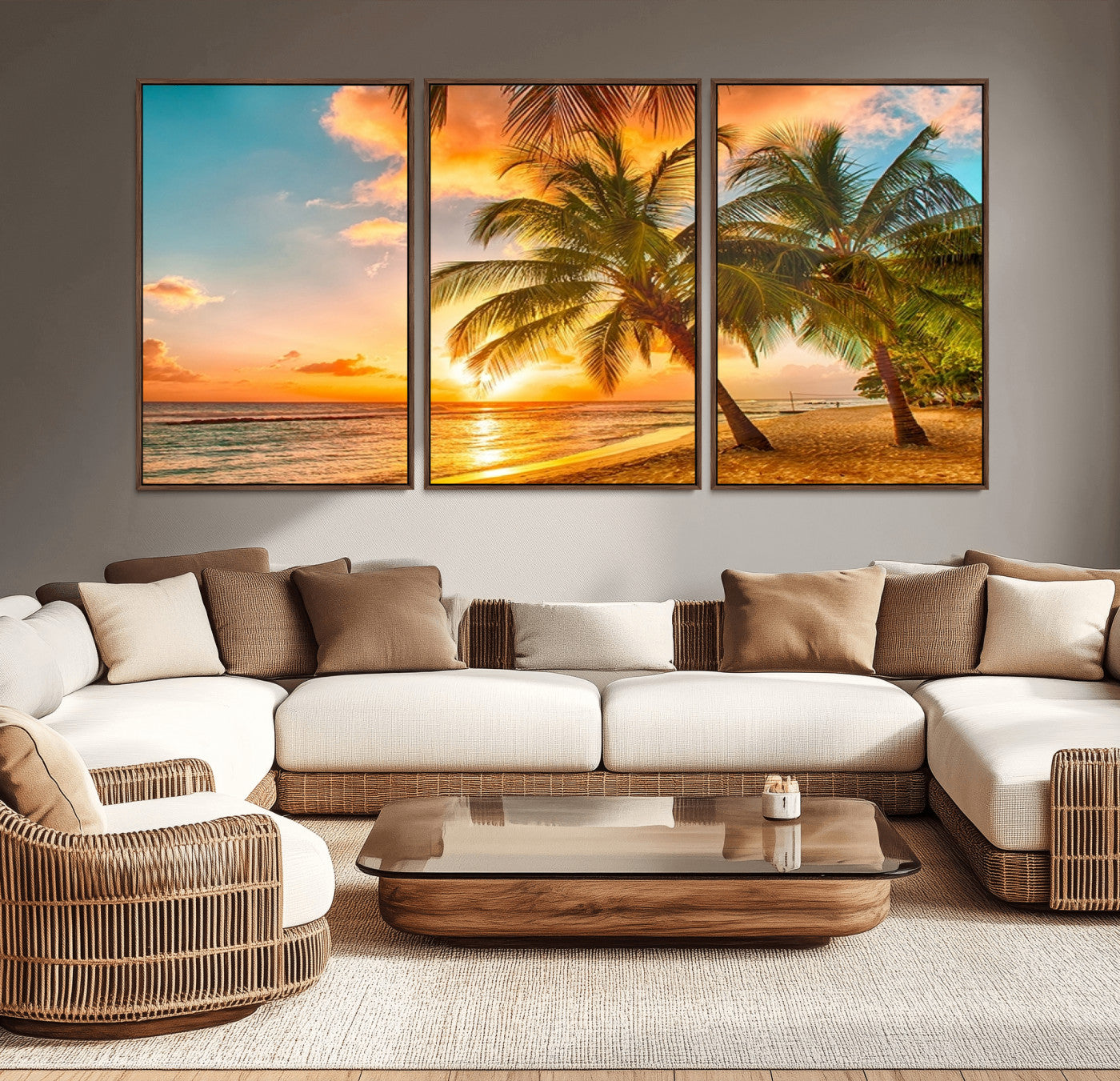 -Tropical Sunset Beach Canvas Wall Art Print – Vibrant Palm Trees and Coastal Sunset Wall Decor for