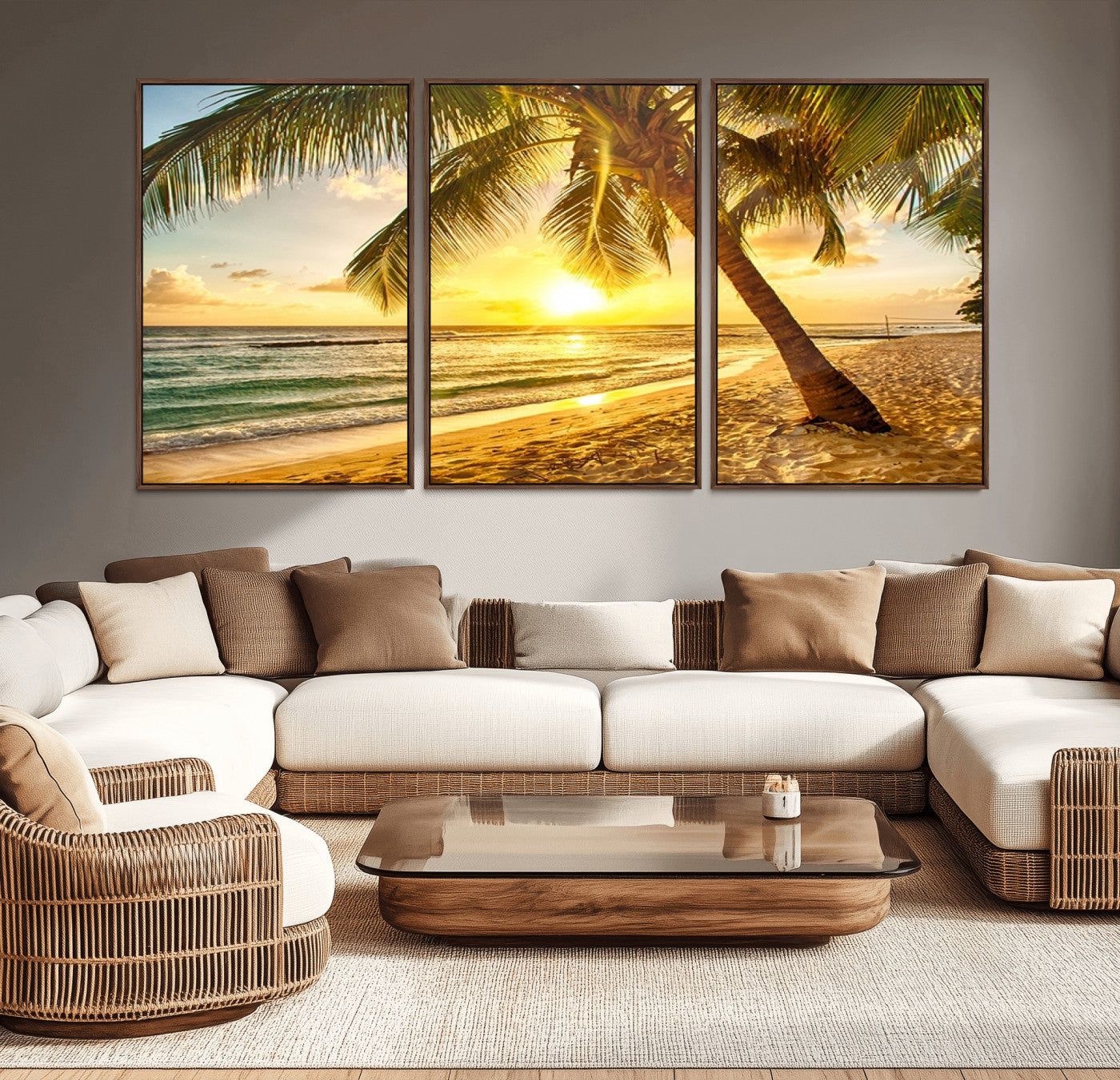 MGV-FC-60X30-3P - Beach Sunset Canvas Wall Art Print - Tropical Beach Canvas Wall Art Print – Vibrant Palm Trees and