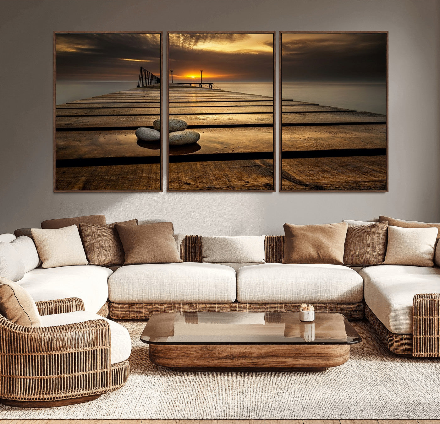 MGV-FC-60X30-3P - Stones on Wooden Pier at Sunset Canvas Print, Serene Coastal Wall Art, Beach Sunset Photography,