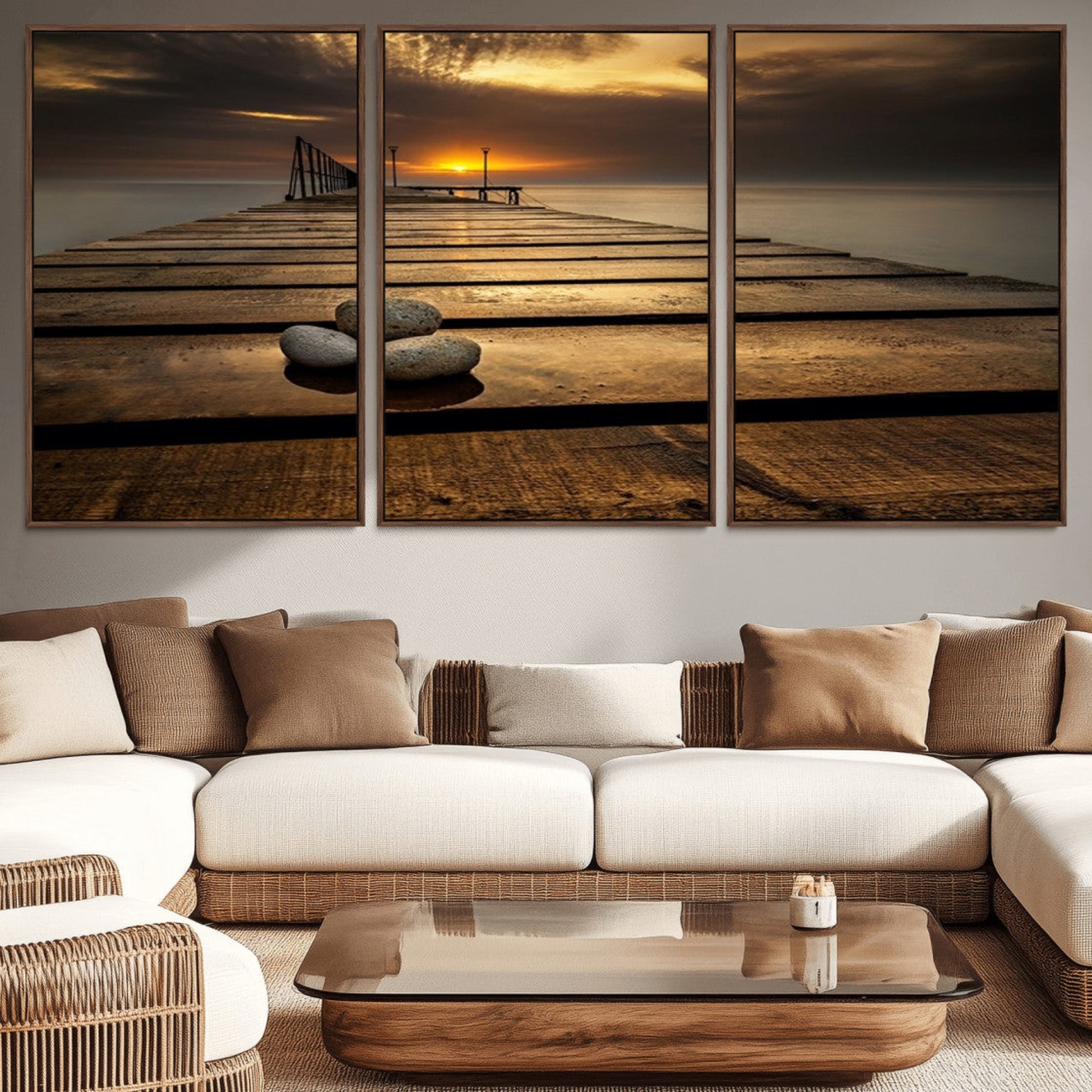 41021-MGV-CV-36X24-Stones on Wooden Pier at Sunset Canvas Print, Serene Coastal Wall Art, Beach Sunset Photography,