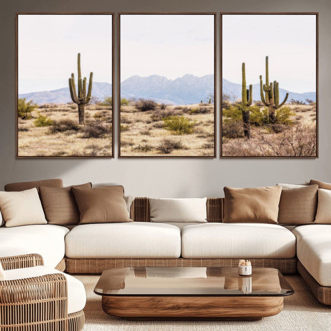 Desert Cactus Canvas Wall Art | Serene Southwestern Arizona Landscape with Mountains