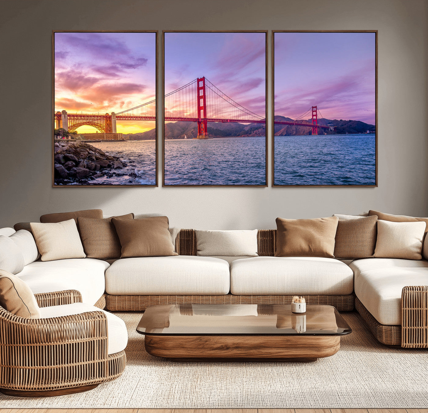 MGV-FC-60X30-3P - Golden Gate Bridge Wall Art Print, San Francisco Sunset Canvas Wall Art, Cityscape Canvas Print for