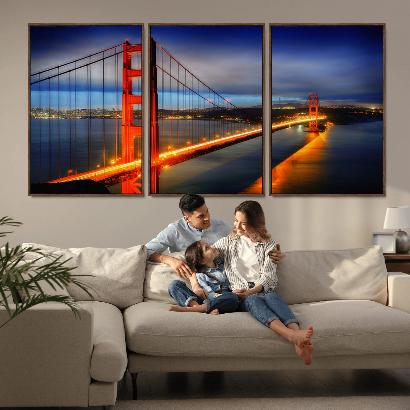 MGV-FC-60X30-3P - Large Wall Art San Francisco Canvas Print - Wonderful Golden Gate Bridge at Twilight