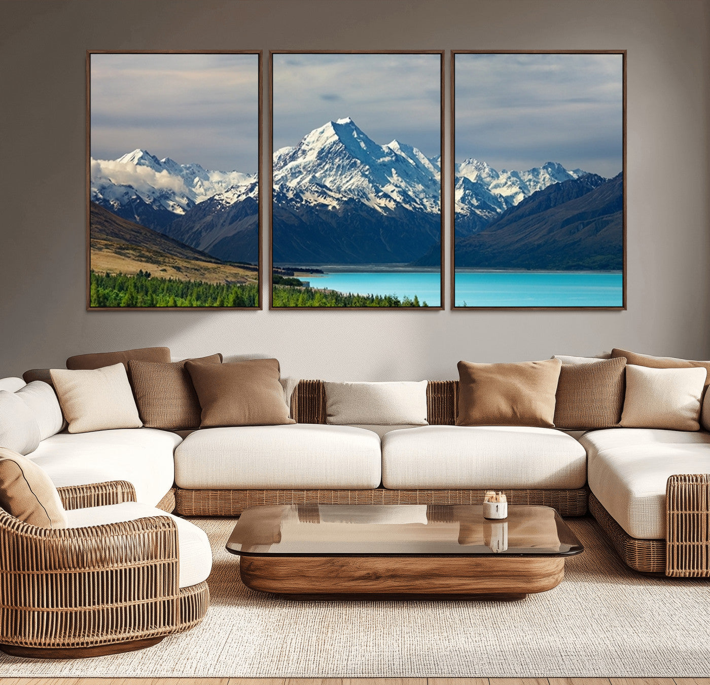 MGV-FC-60X30-3P - Mount Cook and Lake Pukaki Canvas Wall Art Print – Majestic Snow-Capped Peaks and Serene Lake Wall