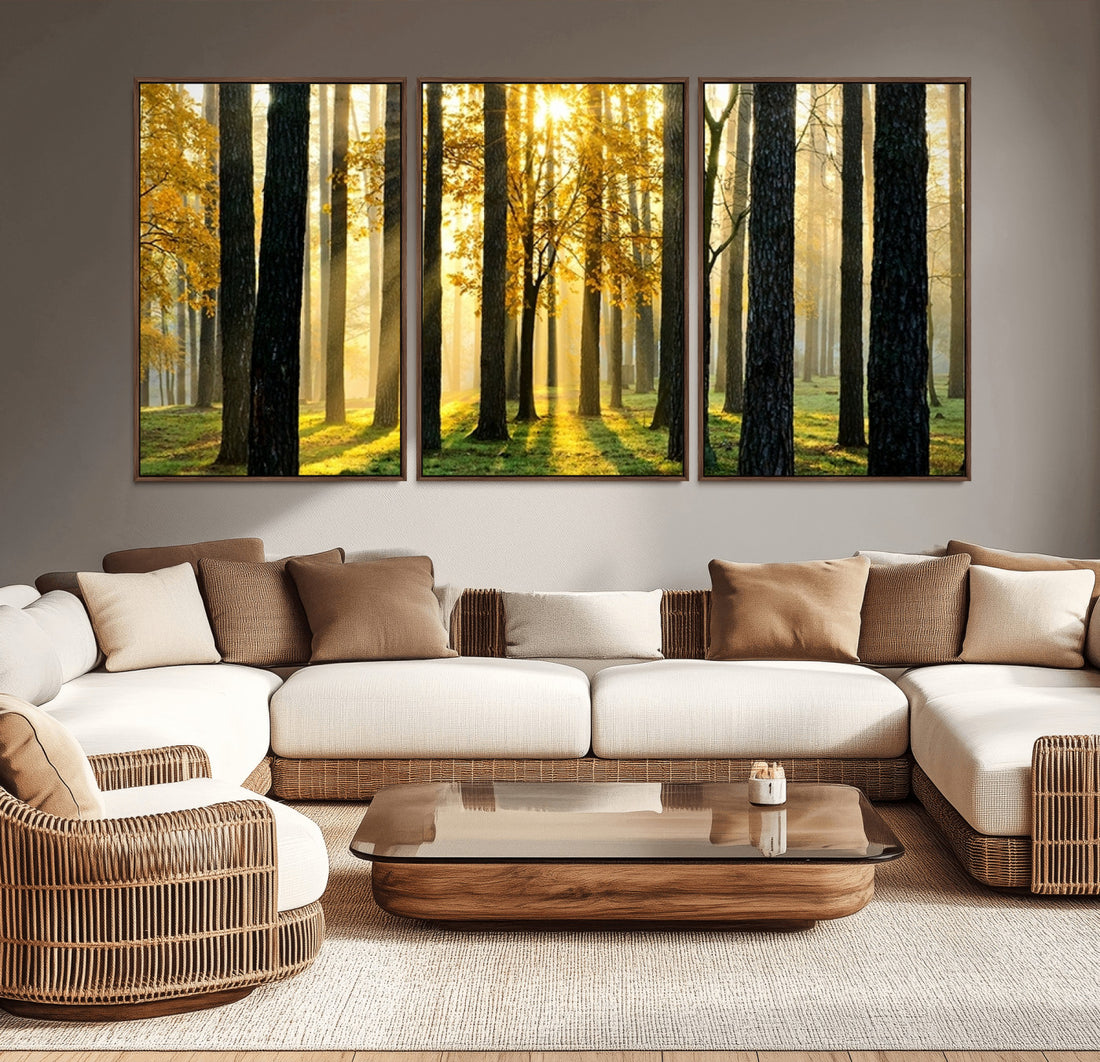 Sunlit Forest Wall Art Canvas Print, Large Framed Woodland Scene with Golden Light