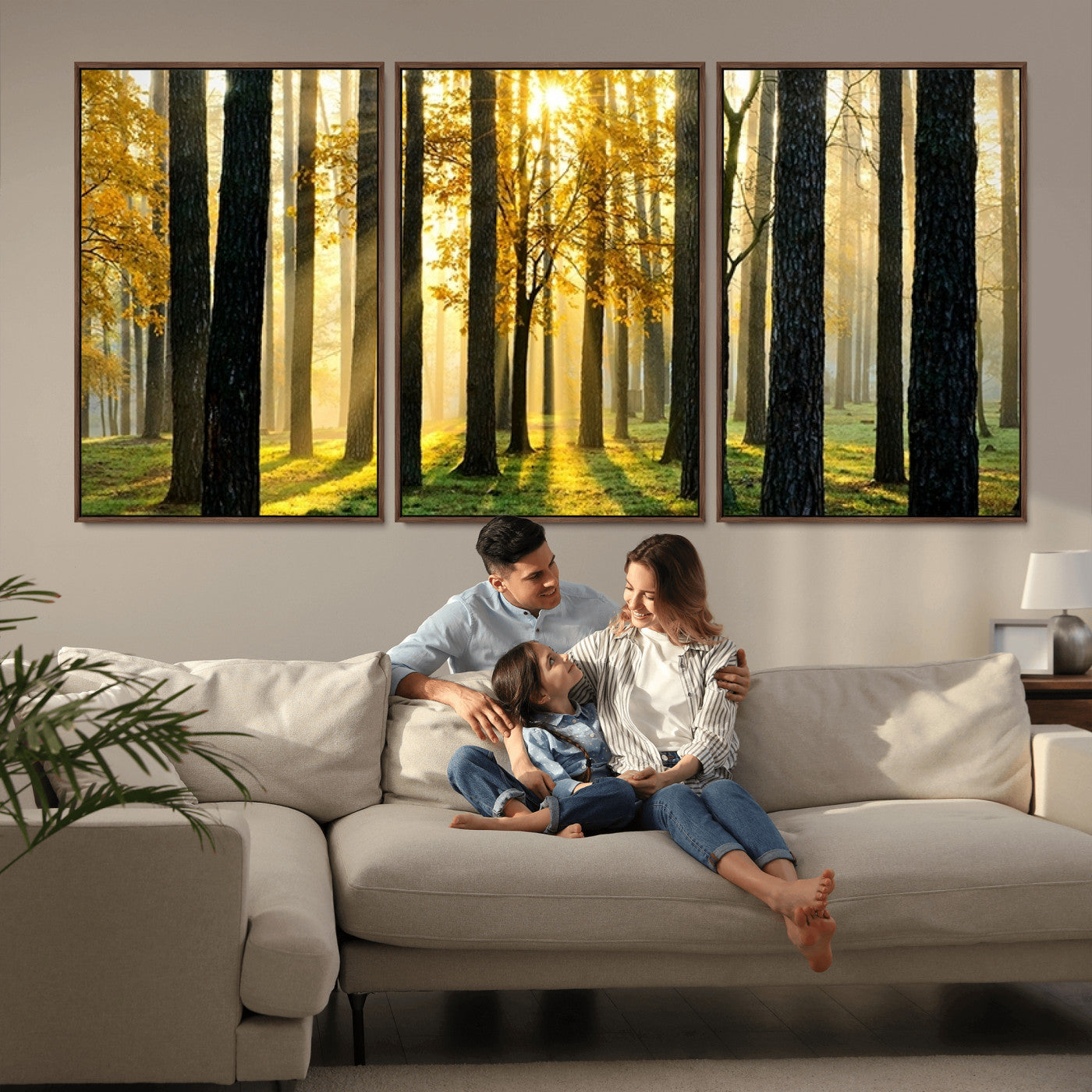 60024-MGV-FC-60X30-3P_Walnut-Sunlit Forest Wall Art Canvas Print - Large Framed Woodland Wall Art for Home or Office Decor, Rustic Nature Scene with Golden Light