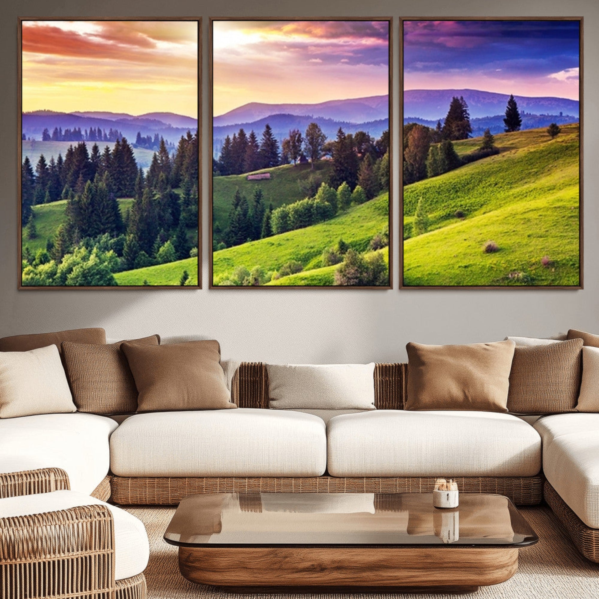 Green Hills and Sunset Wall Art Print - Scenic Landscape with Lush