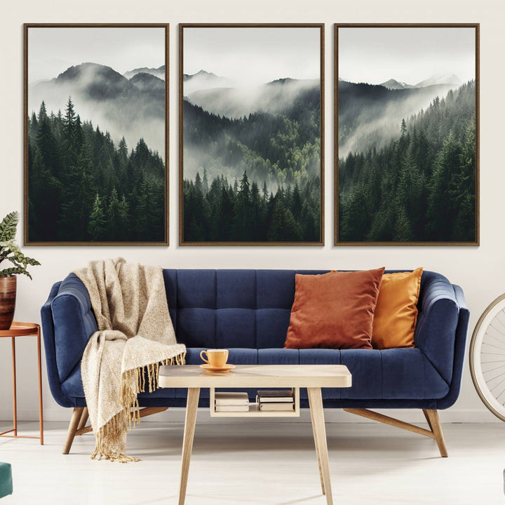 The Misty Forest Canvas Print Wall Art captures a serene misty forest scene with fog and mountains.