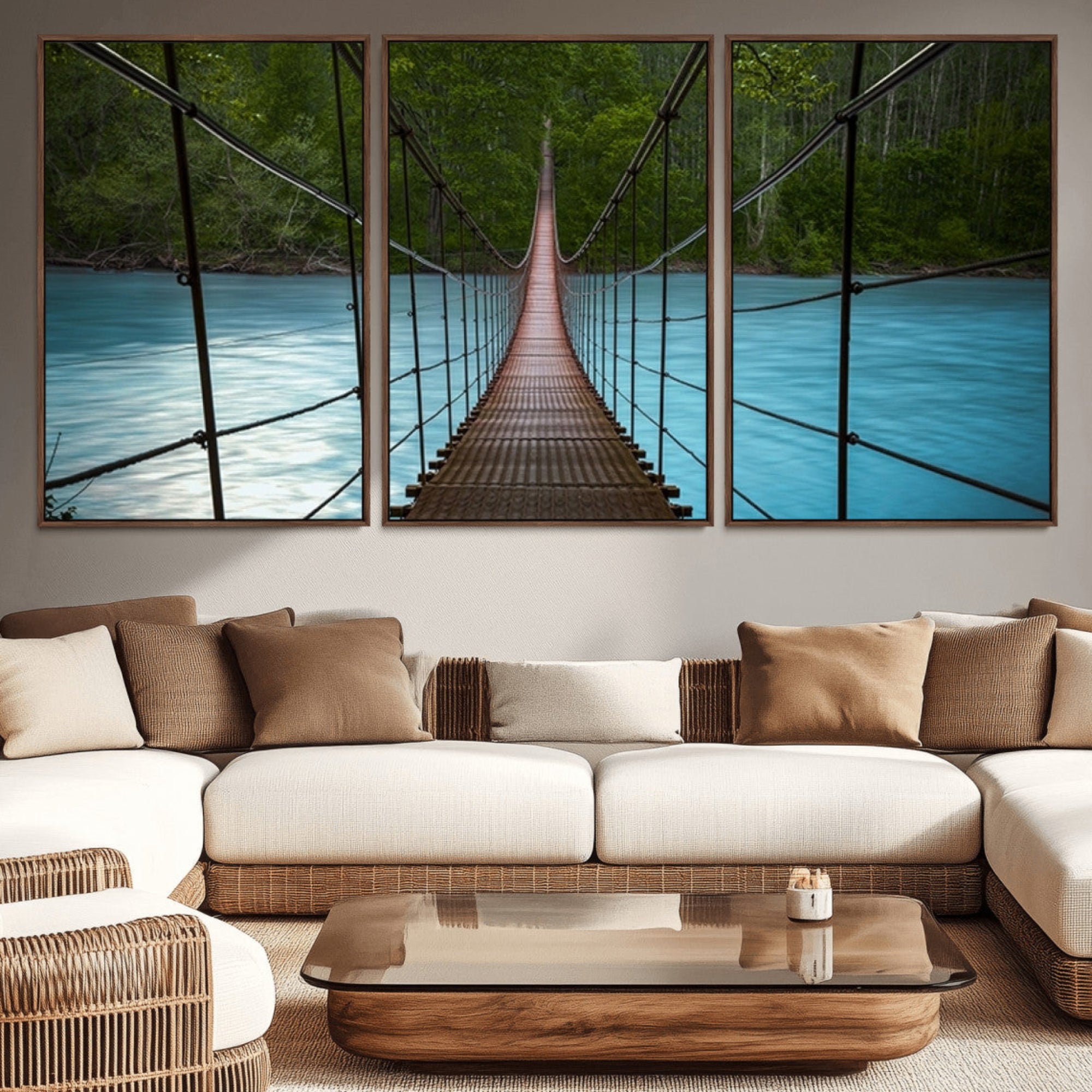 70229-MGV-CV-36X24-Suspension Bridge Over River Canvas Art | 3-Panel Nature Photography | Scenic Wall Art for Living
