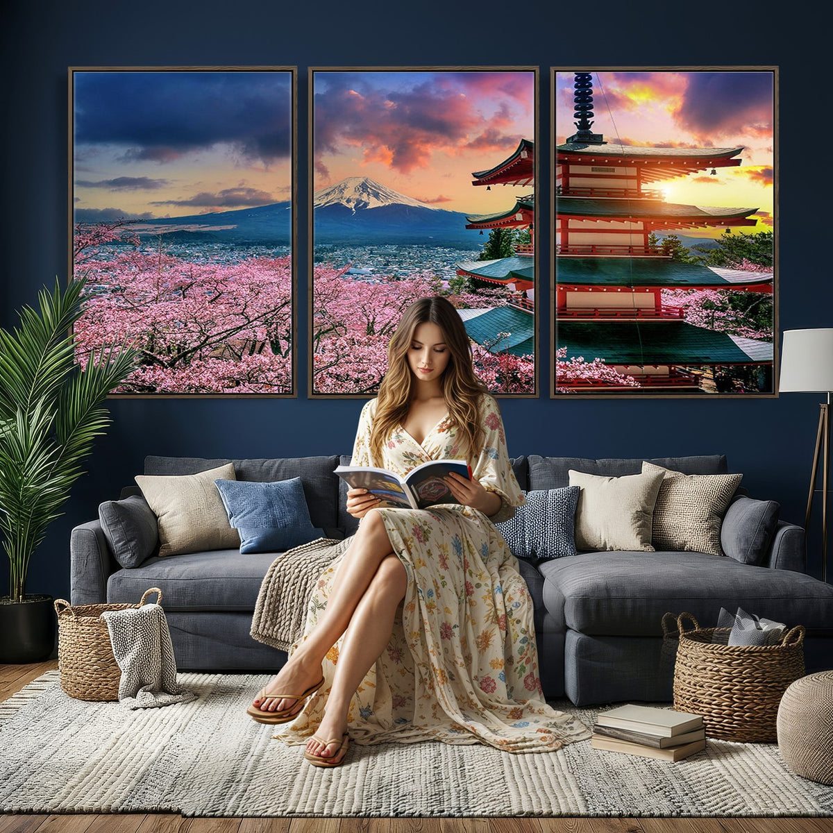 95987-MGV-CV-24X16 - Cherry Blossoms Canvas Print, Chureito Pagoda and Mount Fuji Wall Art