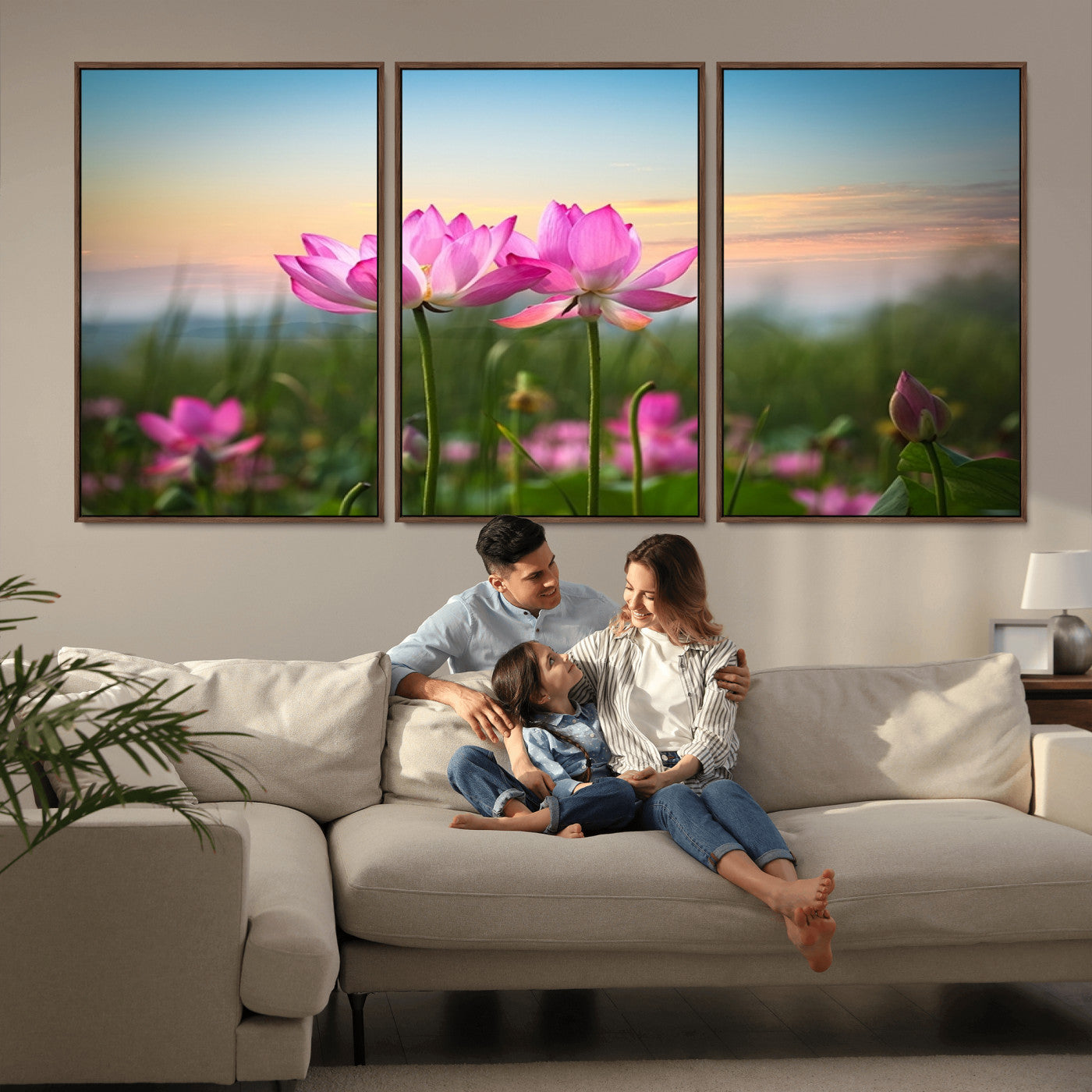 64234-MGV-FC-60X30-3P_Walnut-Pink Flower on the Mountain Canvas Print, Framed Pink Flower Canvas Wall Art