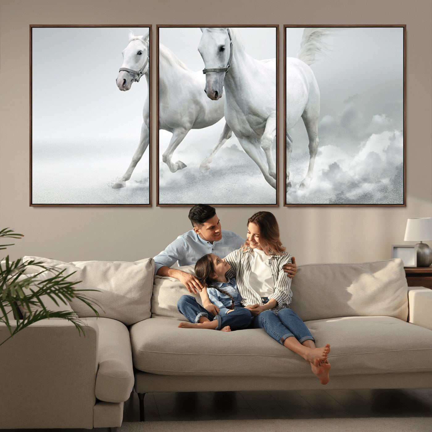MGV-FC-60X30-3P - Large Wall Art Animal Canvas Print - Beautiful Running White Horses