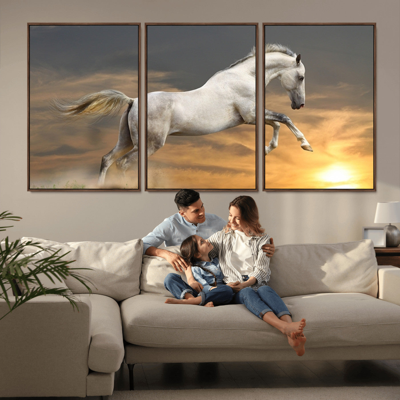 MGV-FC-60X30-3P - Large Wall Art Animal Canvas Print - White Jumping Horse at Sunset