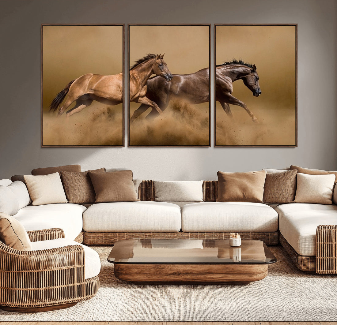 Large Wall Art Canvas Print, Two Running Brown Horses