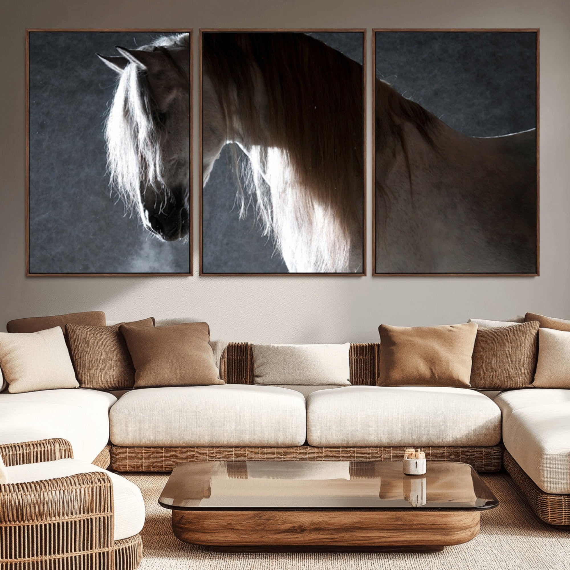 -Large Wall Art Cream Colored Horse on Grey Background Canvas Print