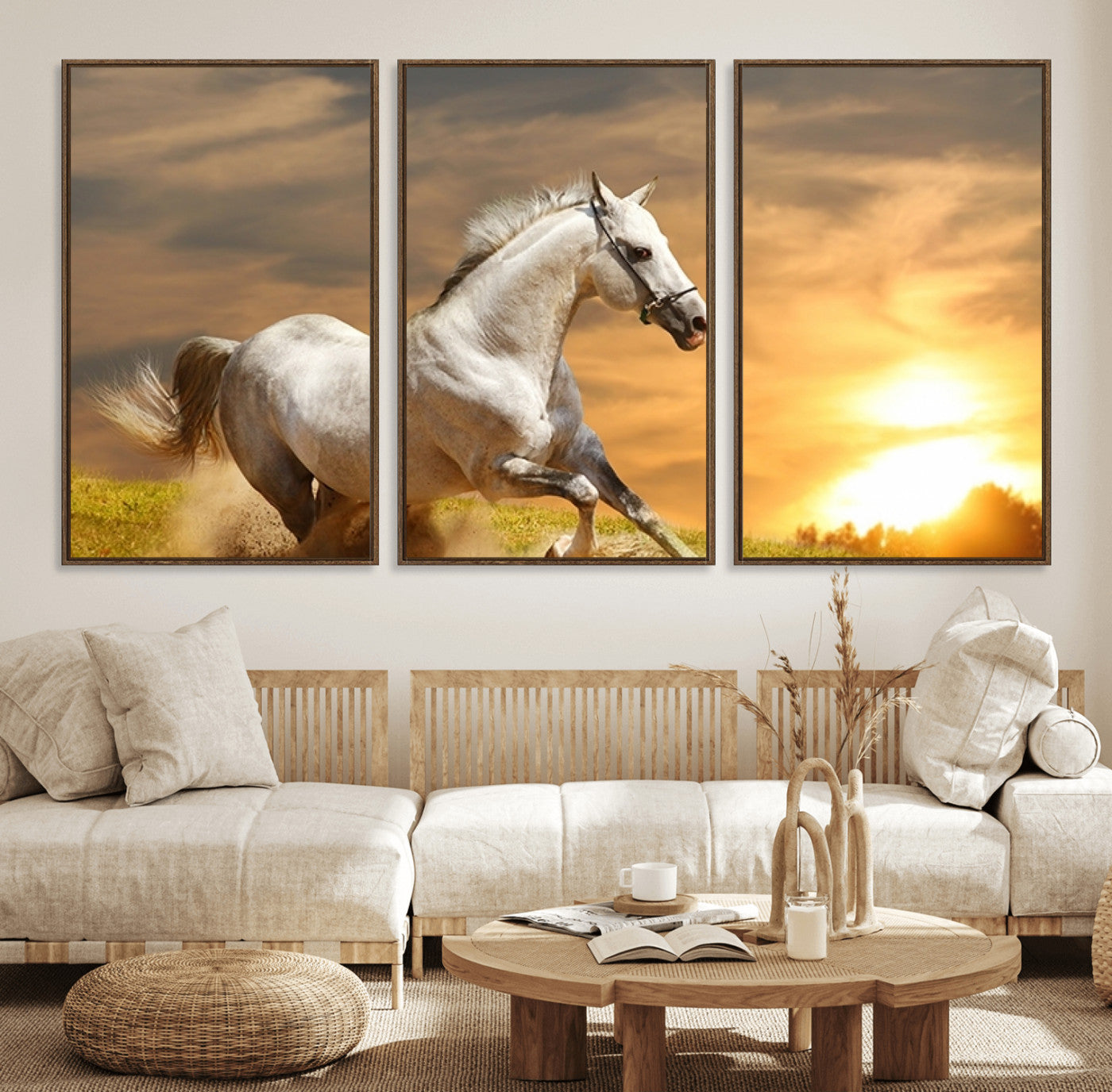 27413-MGV-FC-60X30-3P_Walnut-Large Wall Art Galloping White Horse at Sunset Canvas Print