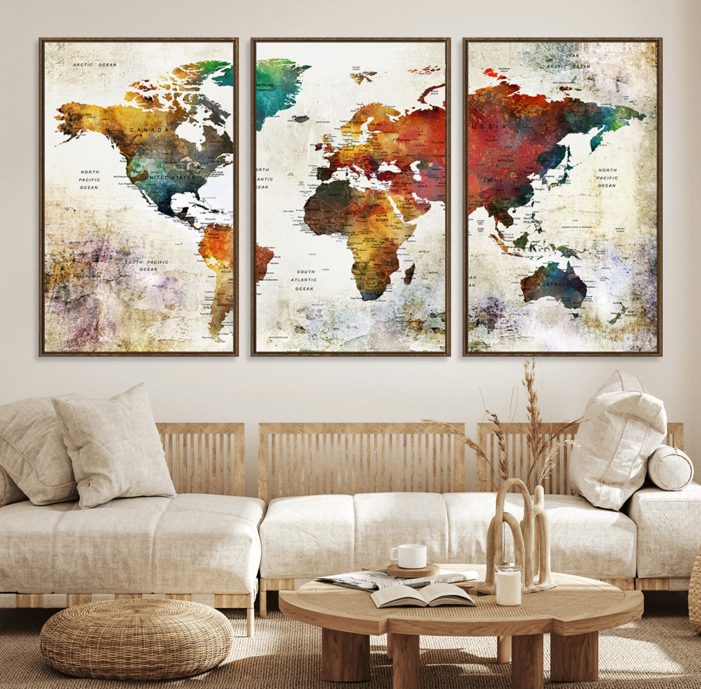 92207-MGV-FC-60X30-3P_Walnut-Watercolor World Map Canvas Print – Framed Push Pin Wall Art for Couples, Artistic Travel Map for Modern Home and Office Decor