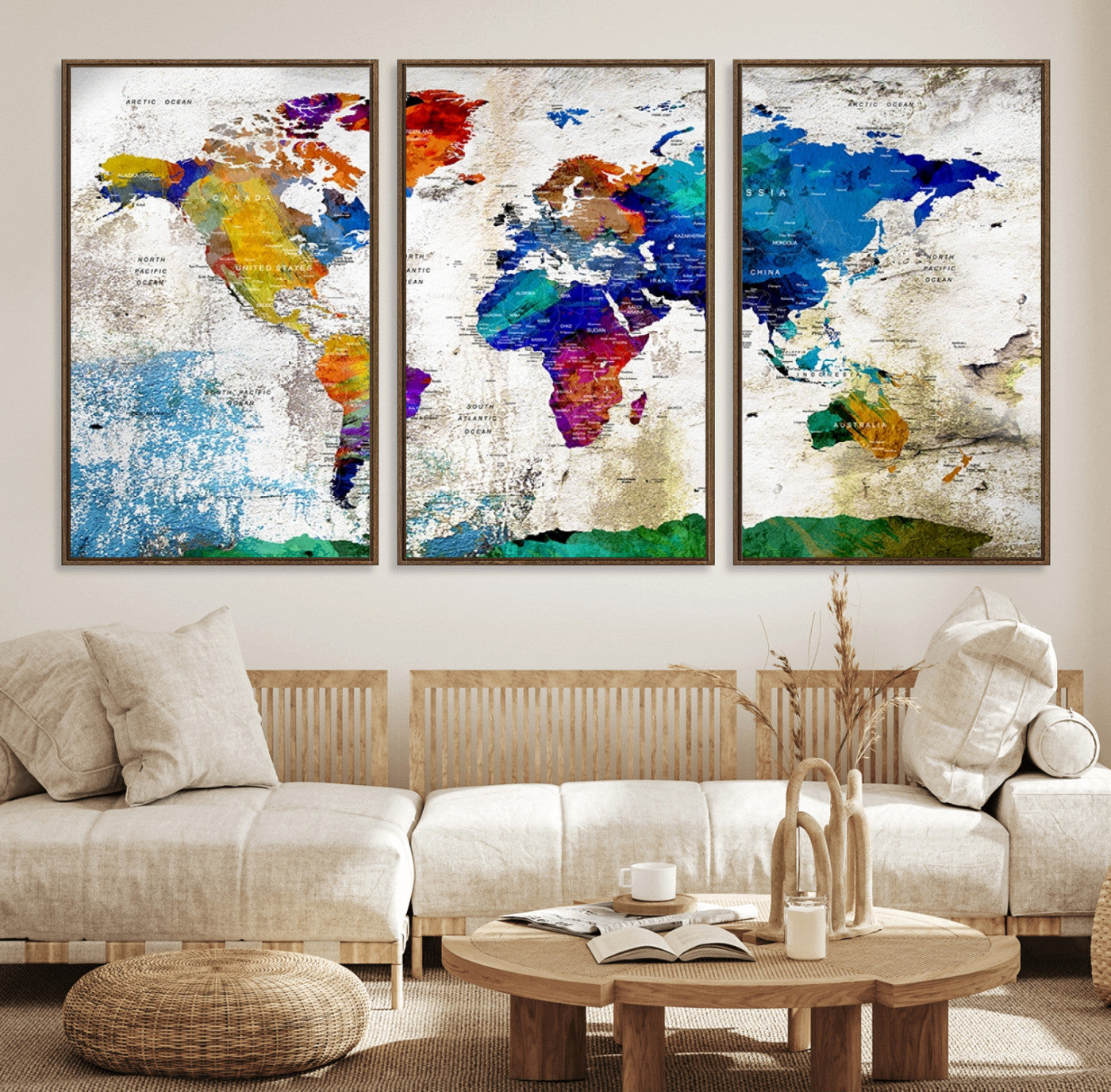 89870-MGV-FC-60X30-3P_Walnut-Push Pin World Map Canvas Print – Framed Travel Map Wall Art for Couples, Anniversary Gift, Modern Home or Office Decor