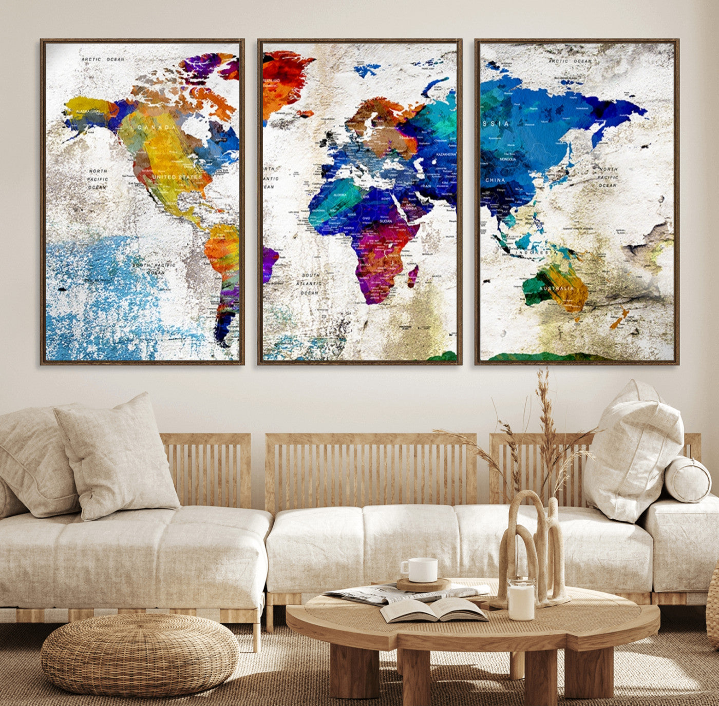 86271-MGV-FC-60X30-3P_Walnut-Push Pin World Map Canvas Print – Framed Travel Map Wall Art for Couples, Anniversary Gift, Modern Home or Office Decor
