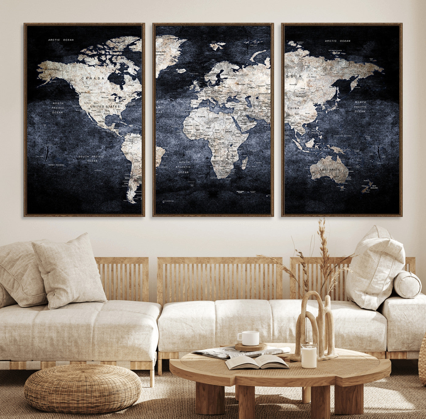 82598-MGV-FC-60X30-3P_Walnut-Modern Dark World Map Canvas Print – Framed Push Pin Wall Art, Elegant Travel Map Decoration for Home Office or Living Room Decor
