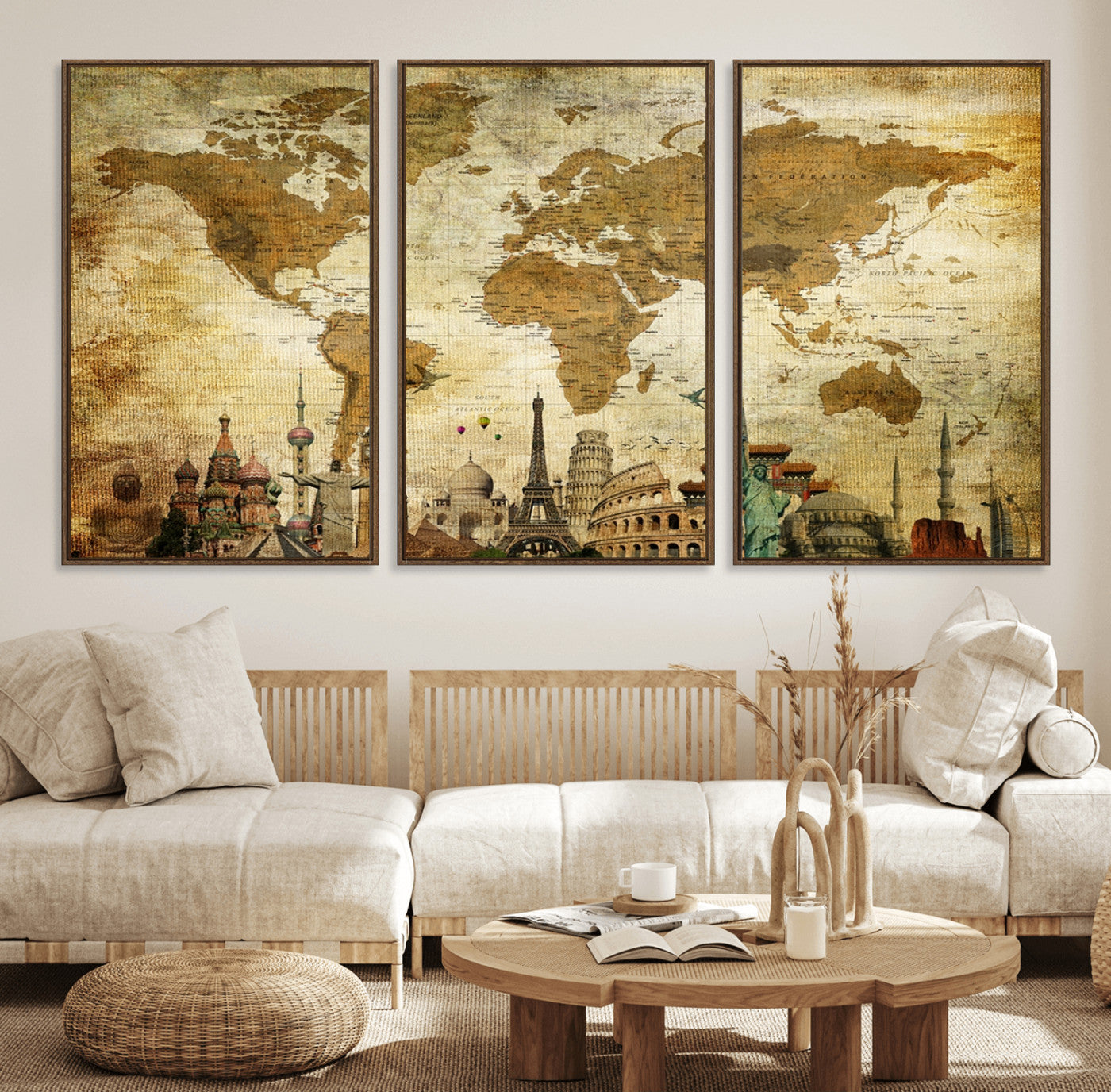 97849-MGV-FC-60X30-3P_Walnut-Vintage World Map Canvas Wall Art – Framed Push Pin Travel Map with Famous Landmarks, Rustic Home and Office Decor Artwork for Travelers