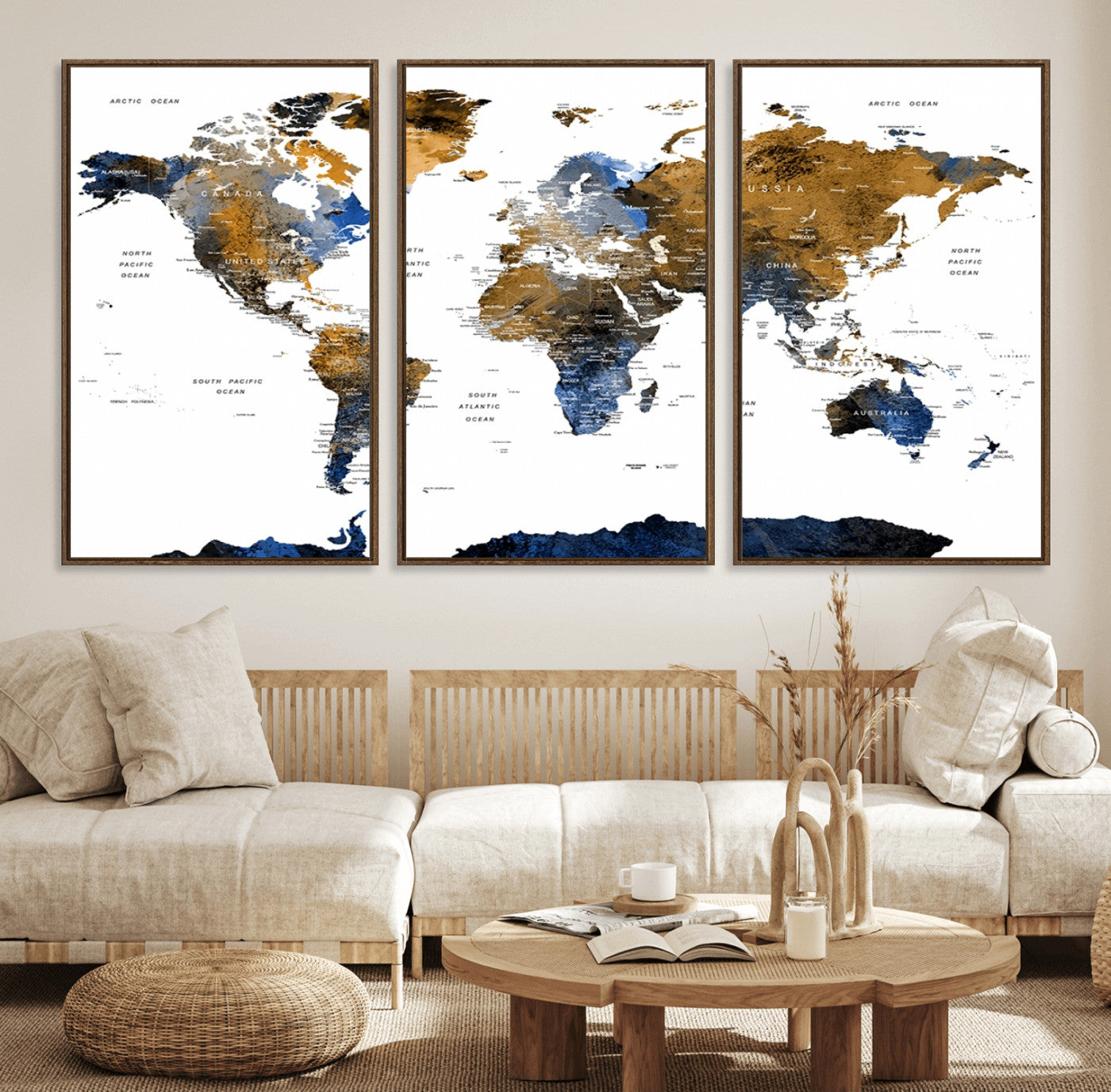 56231-MGV-FC-60X30-3P_Walnut-Navy and Gold World Map Canvas Wall Art – Framed Modern World Map Print, Elegant Travel Inspired Artwork for Home and Office Decor