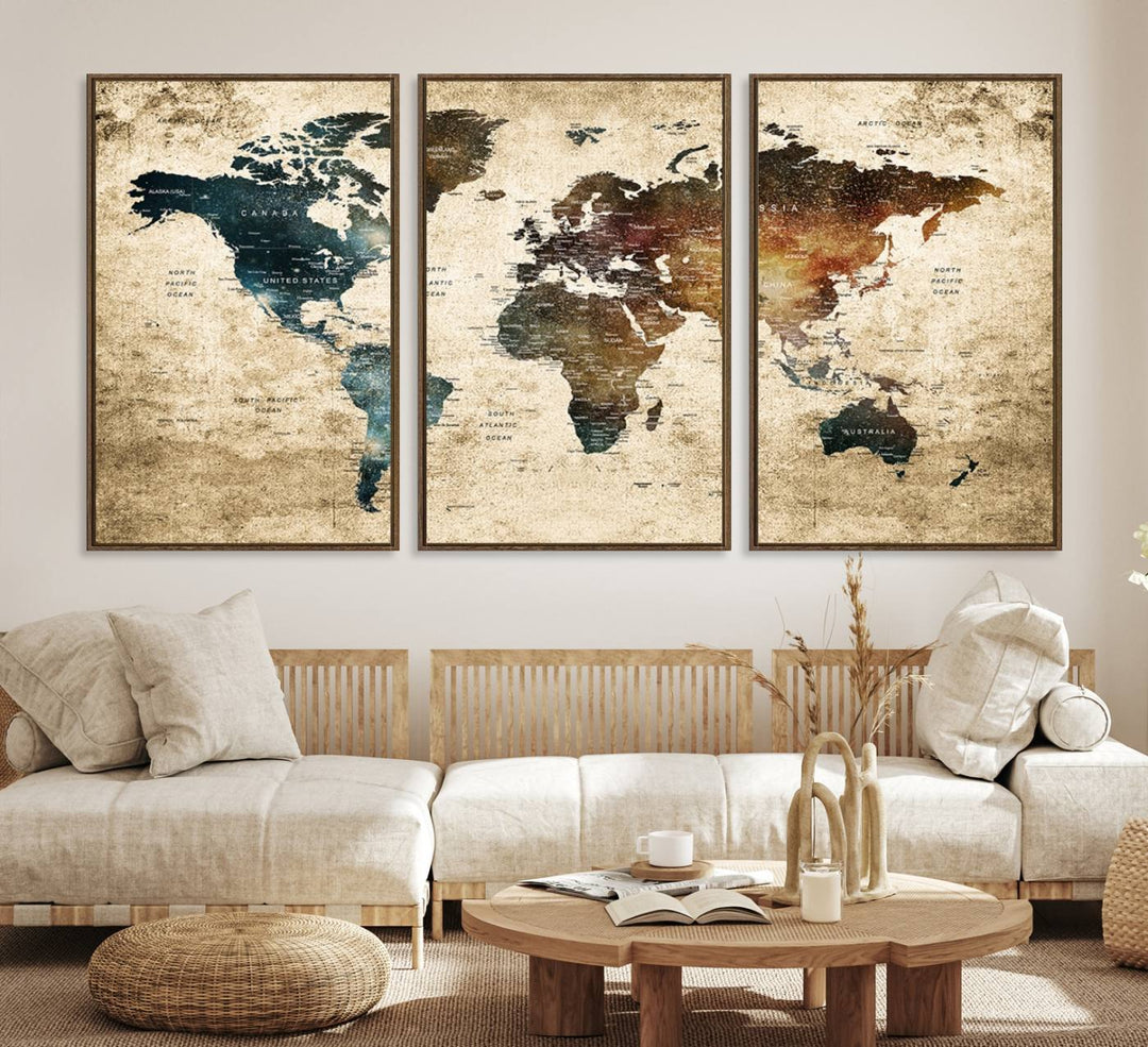 Grunge World Map Canvas featuring earth-toned continents, suitable for study, office, or living room.