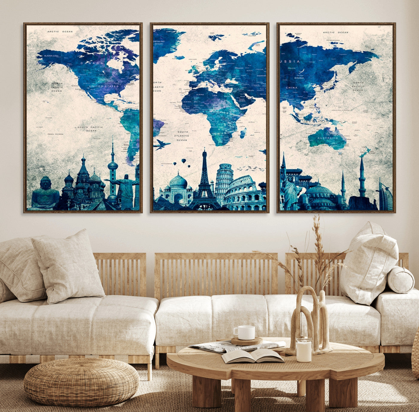 13588-MGV-FC-60X30-3P_Walnut-Navy Blue World Map Canvas Print – Framed Push Pin Travel Map Wall Art, Elegant Adventure Decor for Home or Office