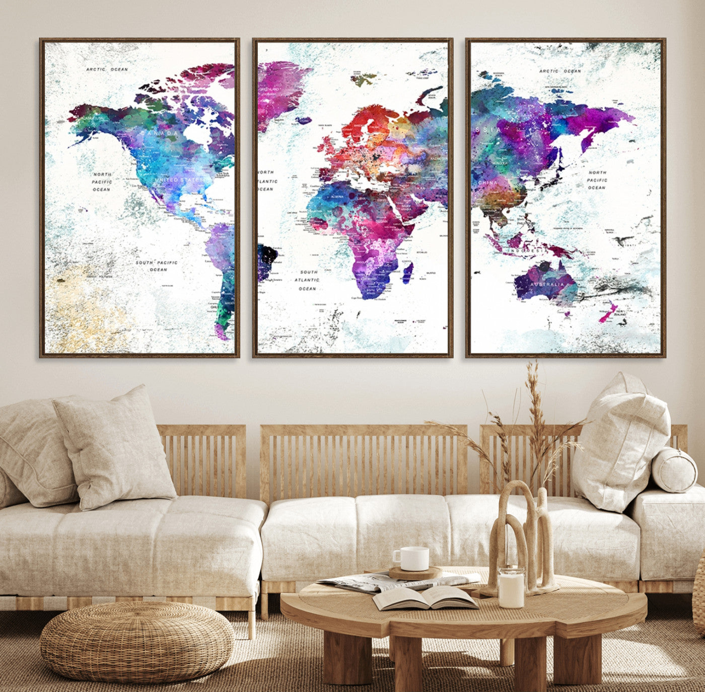 73735-MGV-FC-60X30-3P_Walnut-Push Pin World Map Canvas Print – Framed Travel Map Wall Art for Couples, Anniversary Gift, Modern Home or Office Decor