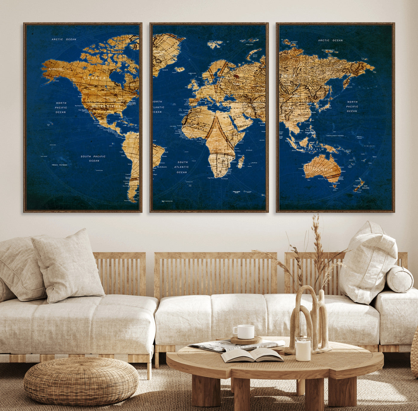 50845-MGV-FC-60X30-3P_Walnut-Navy Blue and Gold World Map Canvas Print – Framed Luxury Push Pin Wall Art, Elegant Vintage Travel Map Decor for Home or Office