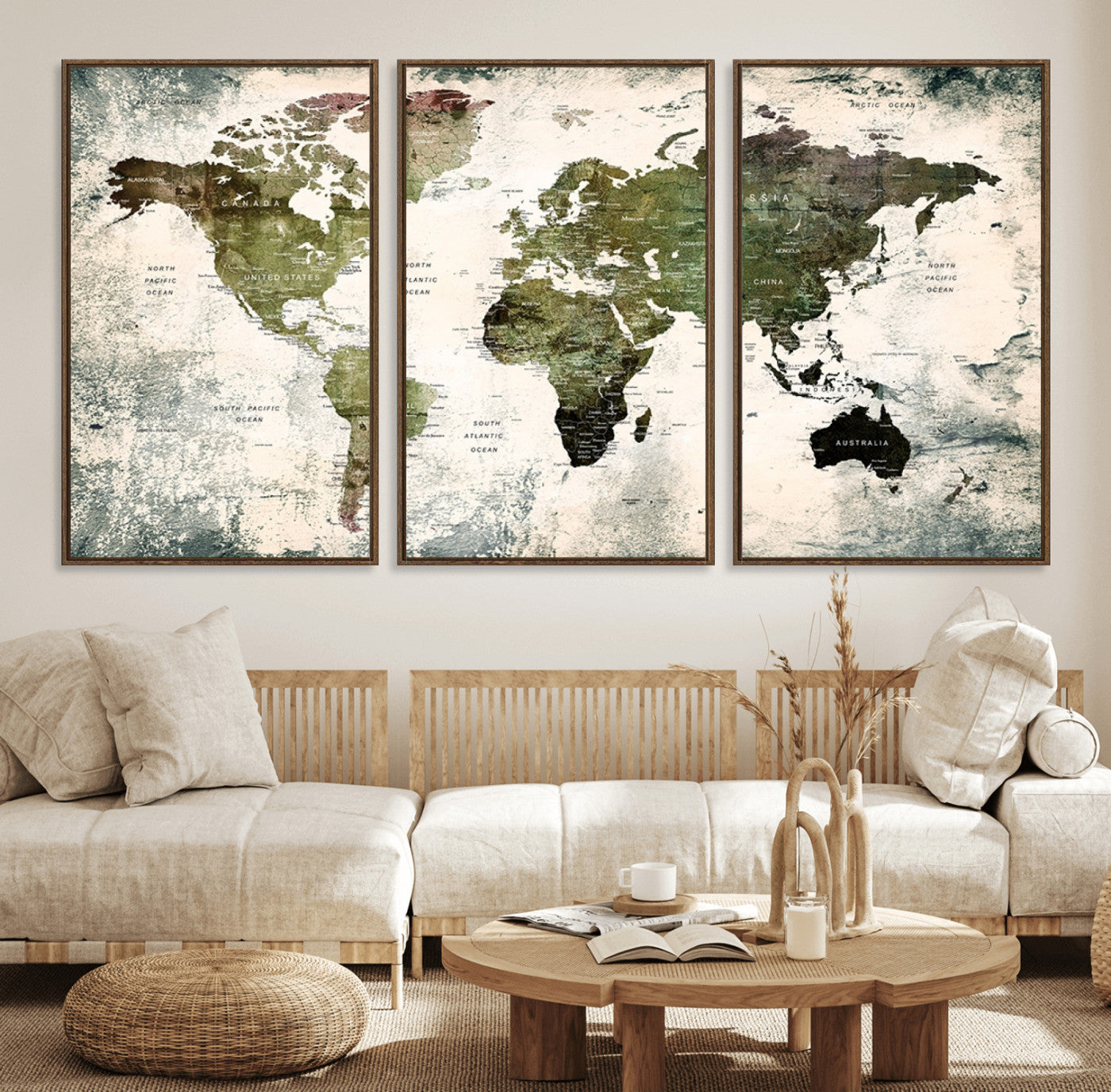 14328-MGV-FC-60X30-3P_Walnut-Push Pin World Map Canvas Print – Framed Travel Map Wall Art for Couples, Anniversary Gift, Modern Home or Office Decor
