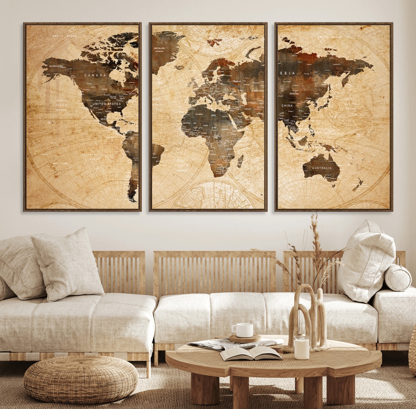 13813-MGV-FC-60X30-3P_Walnut-Push Pin World Map Canvas Print – Framed Travel Tracker Wall Art for Couples, Perfect Anniversary Gift and Home Decor