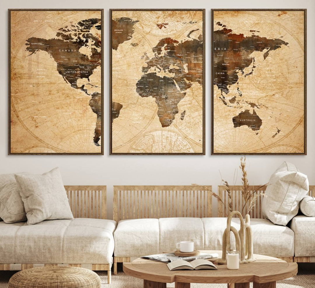 Vintage World Map: 3-Panel Canvas Print in antique rustic style. Framed and gallery wrapped. Ideal for decor.