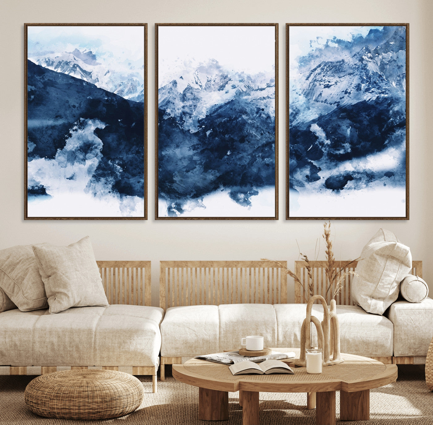 81700-MGV-FC-60X30-3P_Walnut-Abstract Blue Mountain Canvas Wall Art – Modern Triptych Landscape Print – Contemporary Nature Decor