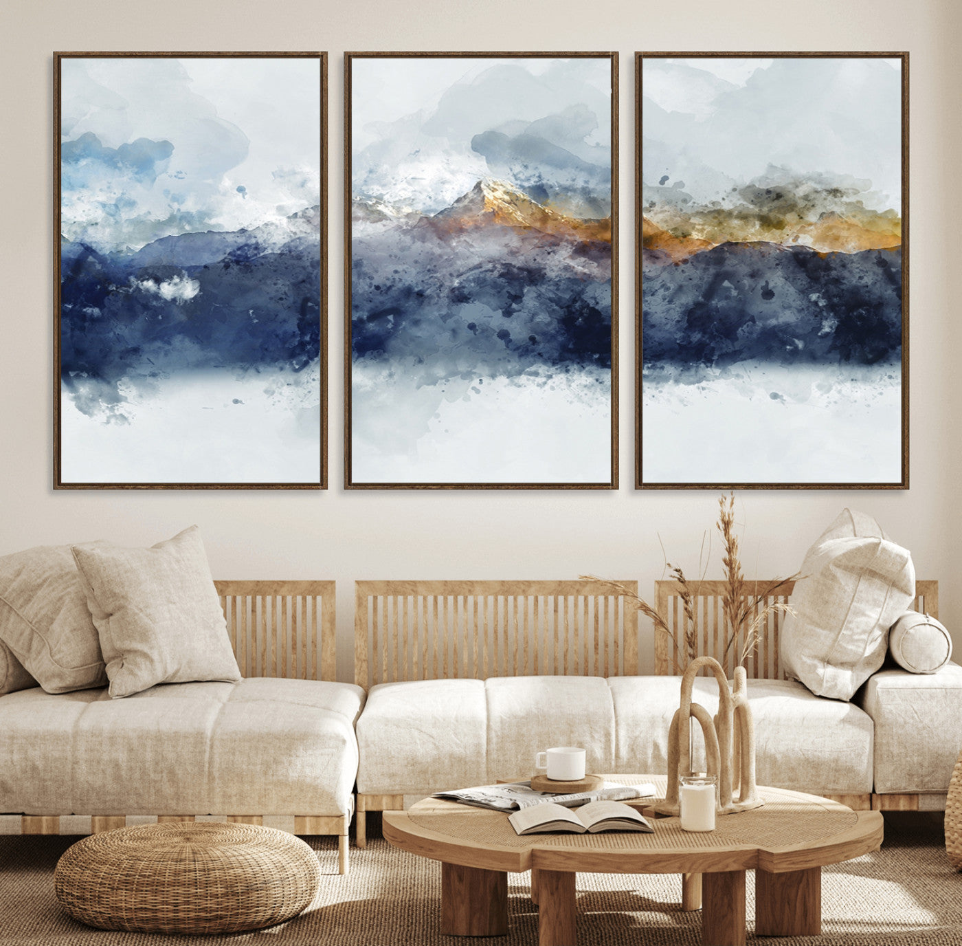 89149-MGV-FC-60X30-3P_Walnut-Abstract Mountain Range Art Canvas Print | 3 Panel Watercolor Landscape for Living Room, Office, or