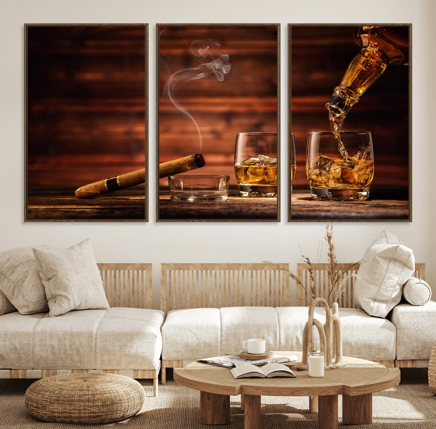 MGV-FC-60X30-3P - Whiskey and Cigar Wall Art Canvas | 3 Panel Bar Room Decor for Home Lounge, Office, or Man Cave |