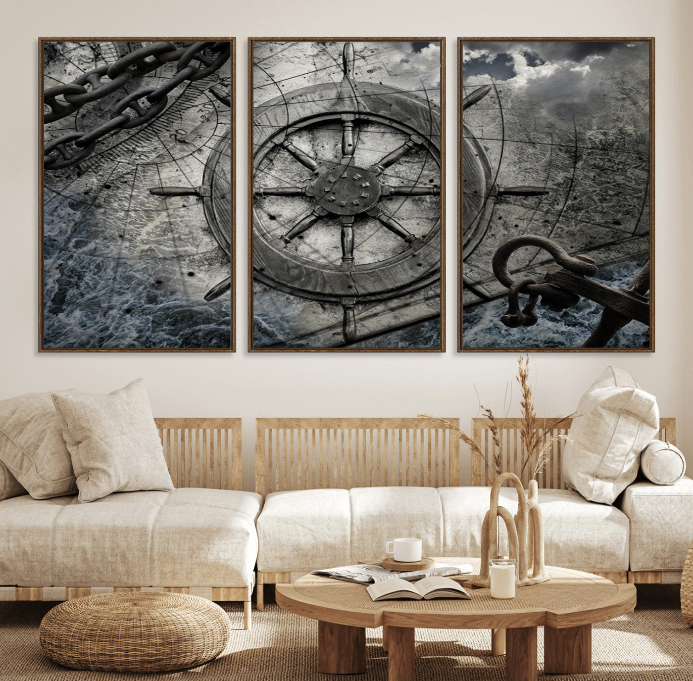36770-MGV-FC-60X30-3P_Walnut-Ship Steering Wheel Vintage Wall Art Canvas Print