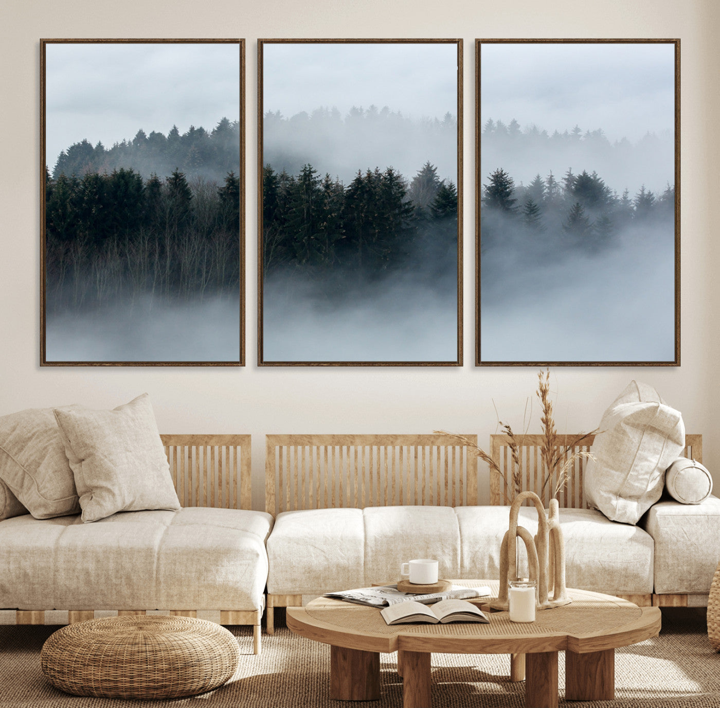 42596-MGV-FC-60X30-3P_Walnut-Autumn and Misty Trees in the Forest Wall Art Canvas Print, Foggy Forest Mountain Wall Art Canvas