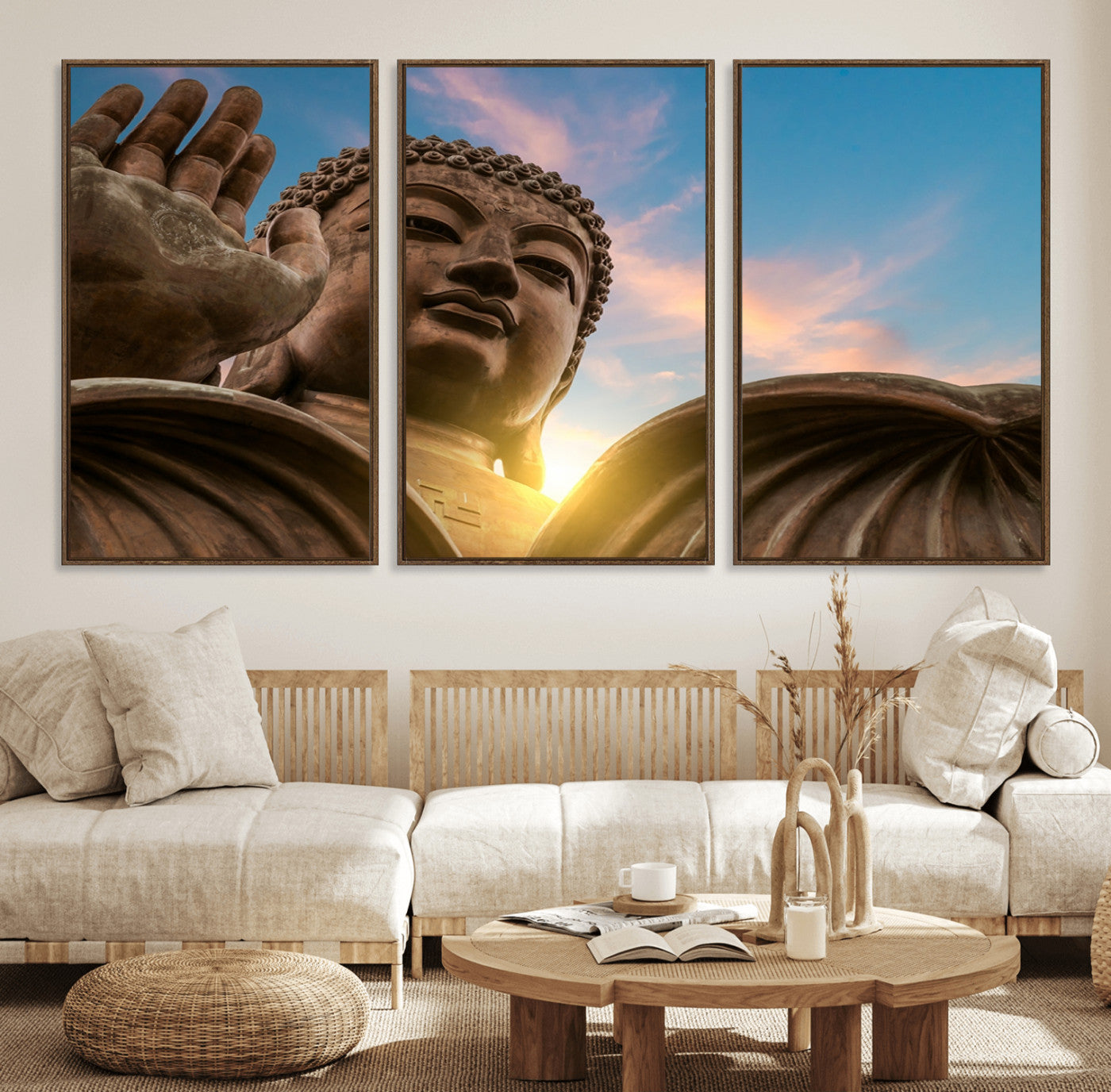 94703-MGV-FC-60X30-3P_Walnut-Buddha Statue and Daylight Wall Art, Buddha Statue Wall Art Canvas Print
