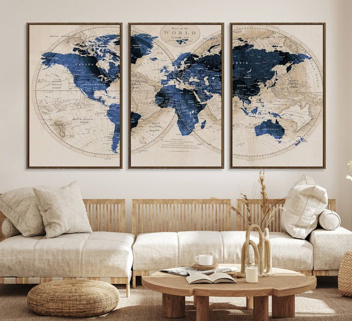 The Vintage Triptych Map Print is a grunge-stained blue and beige world map, perfect for enhancing wall decor.