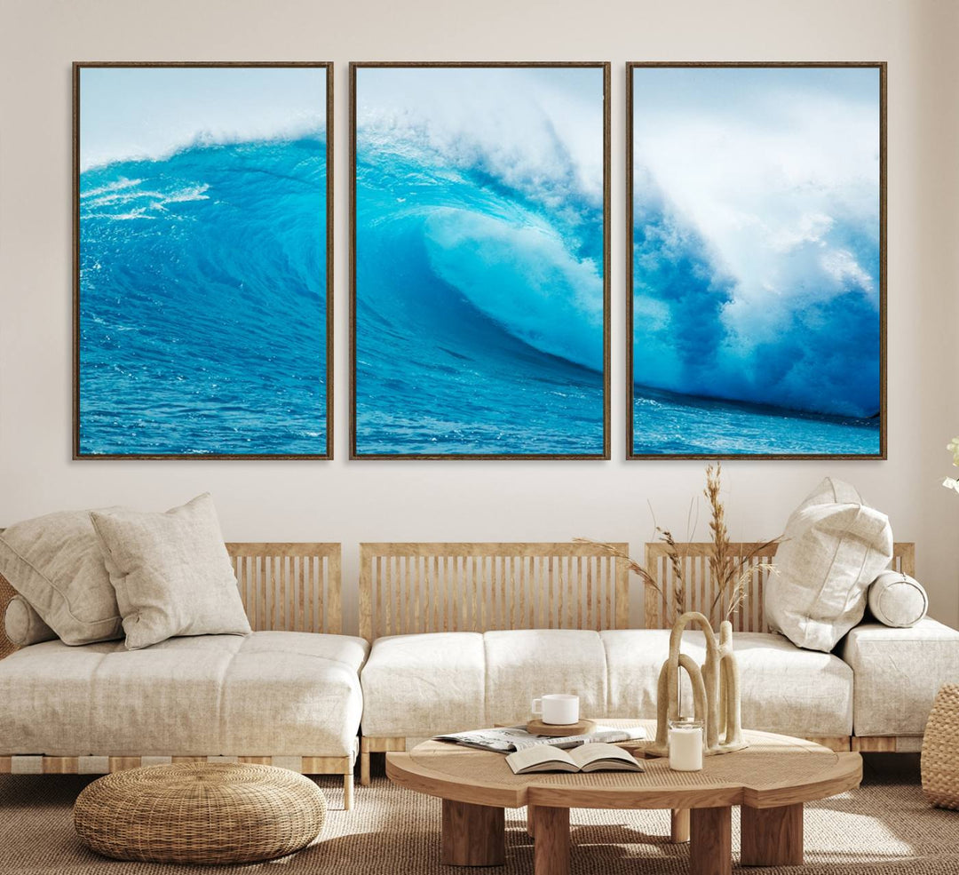 A museum-quality canvas depicting a vibrant blue ocean wave with white foam under a clear sky.