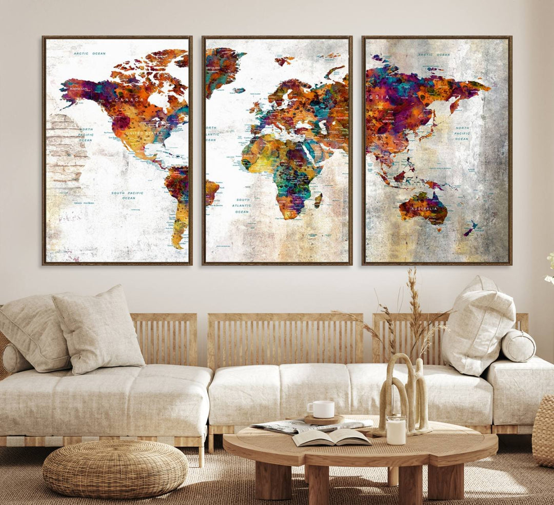 A vibrant Grunge Map Canvas Wall Art Set (3 Panels) for home or office decor, perfect for travel enthusiasts.