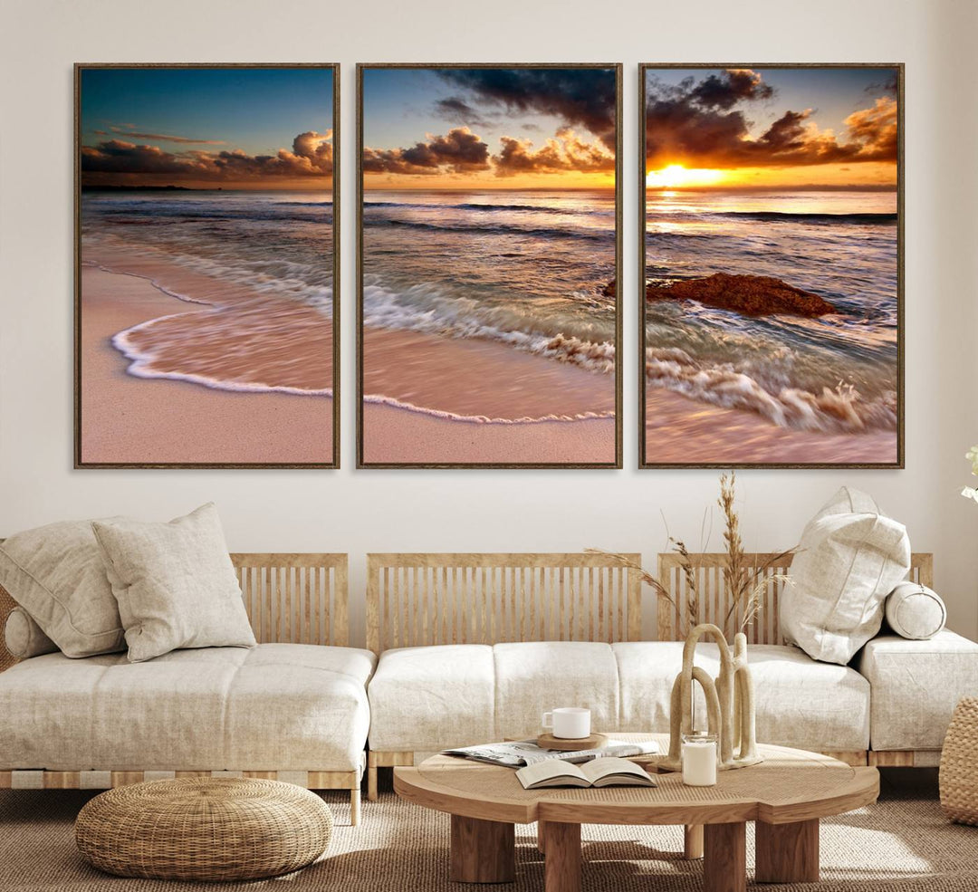 The Sunset on Ocean Wall Art Canvas Print beautifully captures a beach sunset, gentle waves, and a peaceful atmosphere.