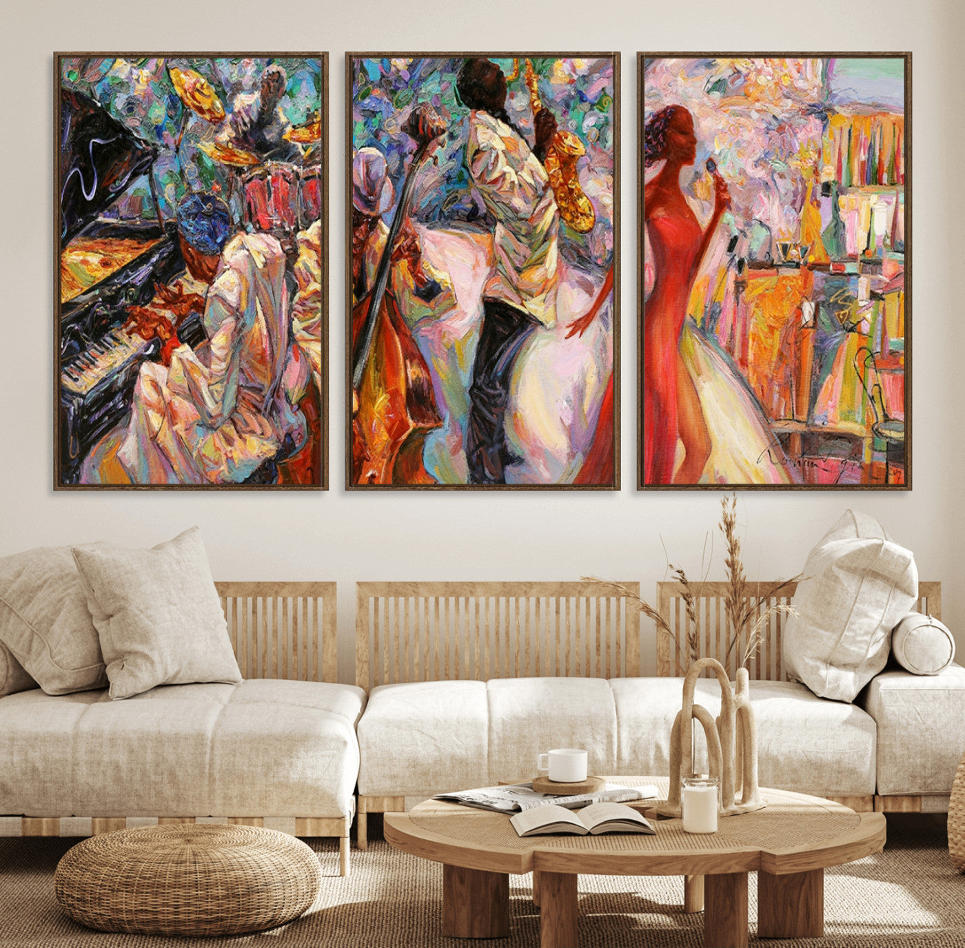 40574-MGV-FC-60X30-3P_Walnut-Abstract Afro American Jazz Canvas Wall Art | Music-Inspired Painting for Dining Room, Living Room,